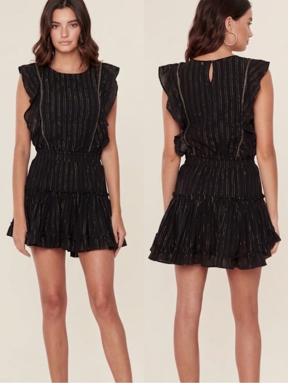 Misa Los Angeles Black Metallic Stripe Ruffle Mini Dress